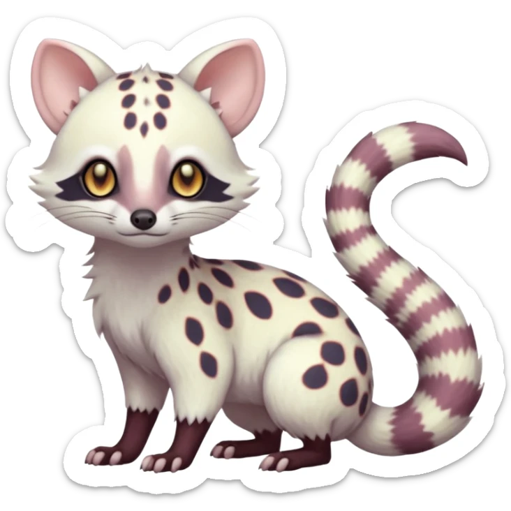 White Albino grey-spotted Civet-Genet-Trico-Furret-Linoone-Fakémon-Pokémon-animal-hybrid-fusion-creature (full body) with vibrant glowing eyes, cute, elegant, soft, realistic, pastel fur sticker