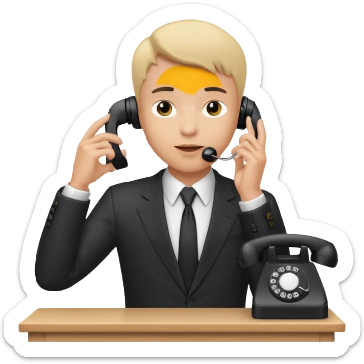 person standing at a desk, holding a telephone receiver to their ear, suggesting a phone call. sticker