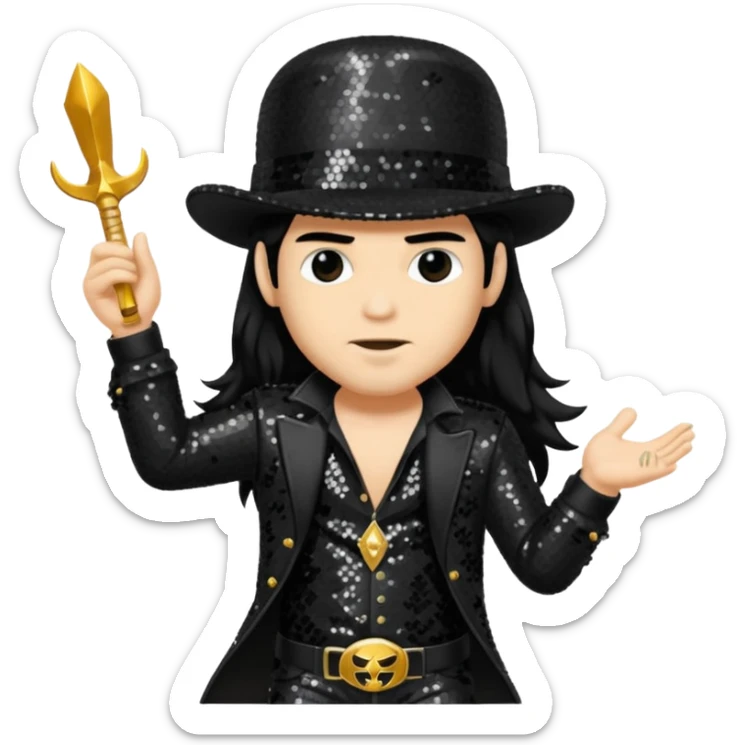 Slash from Gun n Roses with long jet black hair, black sequin outfit sticker