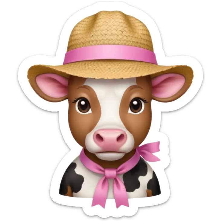 Girl cow with a pink ribbon and a small cute straw hat sticker