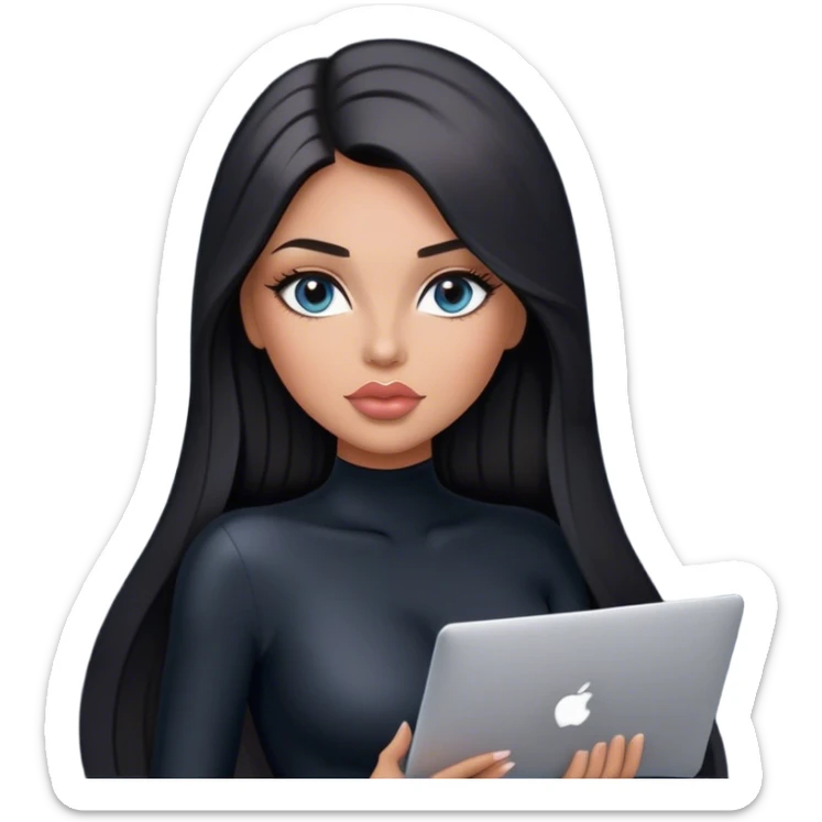 Glamours, tanned, very beautiful girl, with big pump peach-beige-rose lips, black straight smooth silky long hair, straight parting, blue-grey eyes, in black bodysuit holding MacBook sticker