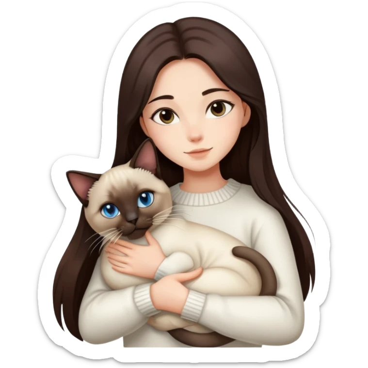 a girl with long dark brown hair, in a white sweater, hugs a Siamese cat. sticker