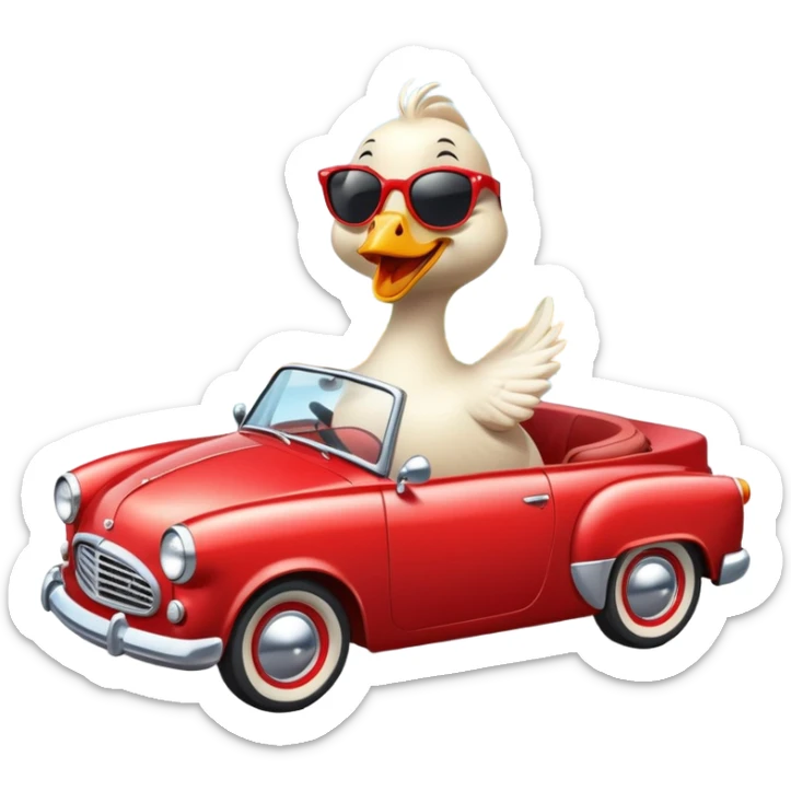 A cheerful goose wearing sunglasses, driving a vintage red convertible car with a big smile, wind blowing through its feathers, on a sunny day with a scenic background. sticker