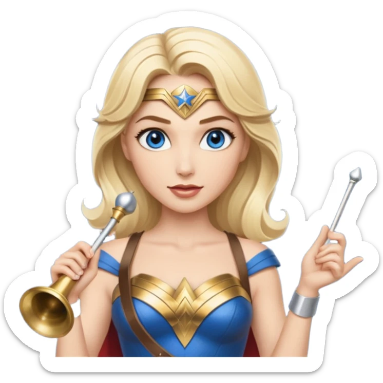 Blonde blue eyed Wonder Woman holding white orchestra conductor’s baton and bell sticker