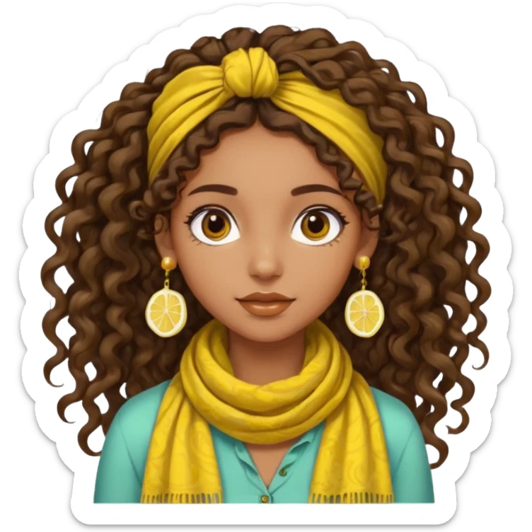 brown-skinned girl, bohemian, long curly brown hair tied up high at the back, lemon yellow scarf, round earrings sticker