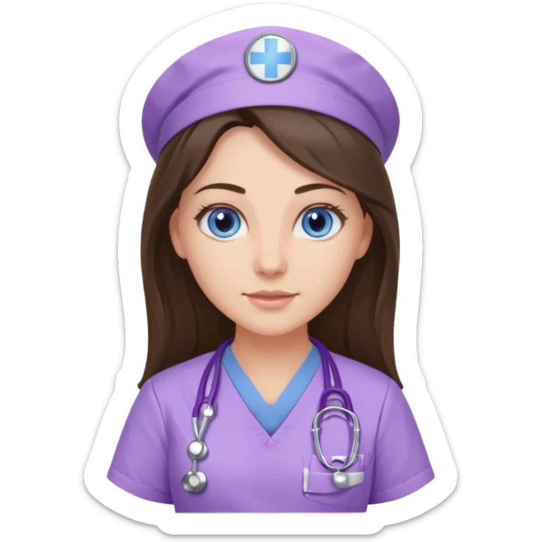 pretty brunette nurse with long hair and blue eyes in lilac scrubs sticker