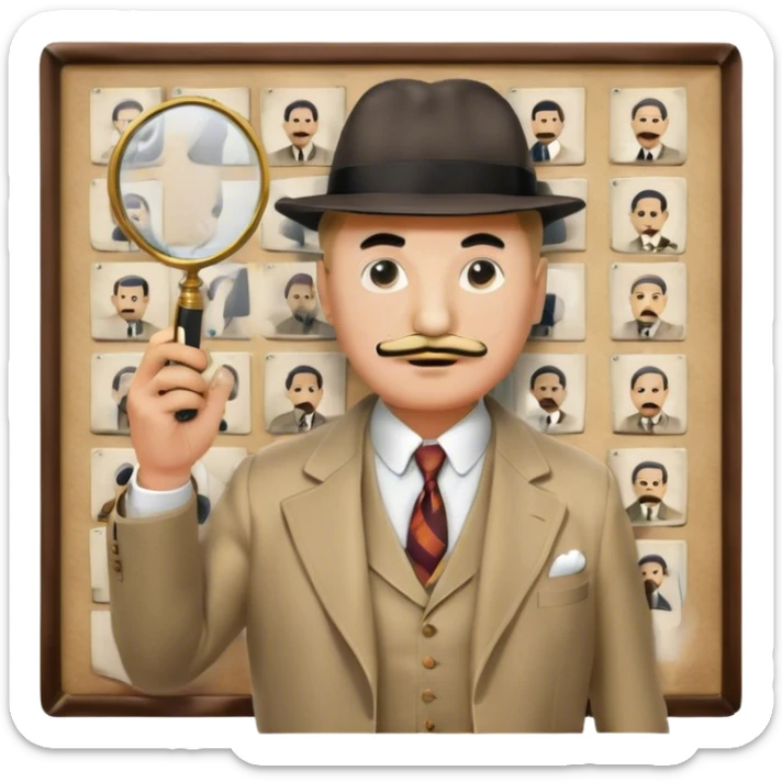 A cinematic-style frame showing Hercule Poirot in his iconic suit with a magnifying glass in a dramatic detective pose. Background should be mysterious city, a board with photos of suspects, clues like fingerprints. Transparent background. sticker