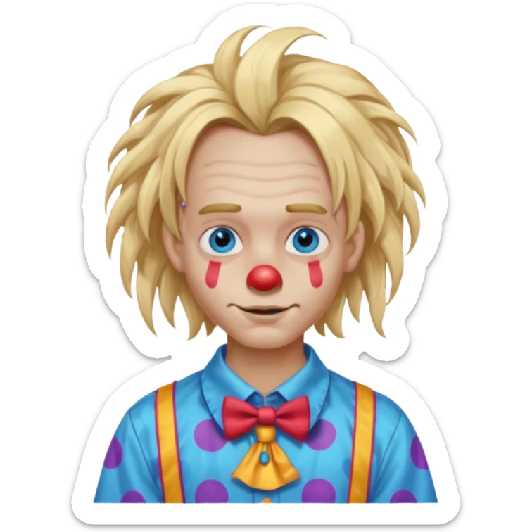 clown boy with messy very long long blonde hair blue eyes, designer shirt and hair pins sticker