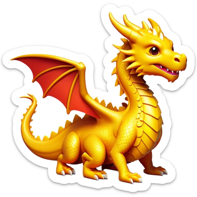 Clash of Clans aesthetic: Cinematic Playful Dragon Emoji, rendered in a 3D vector-style similar to standard emojis with minimal shading and bold, simplified shapes. A compact, isometric dragon with majestic wings and intricately scaled details, softly glowing with a legendary, mythical charm. Simplified yet unmistakably iconic, highly detailed and consistent, glowing with a soft radiant brilliance and high shine. Stylized with a touch of fantastical might and a soft glowing outline, capturing the essence of a mighty dragon with a friendly, playful demeanor! sticker