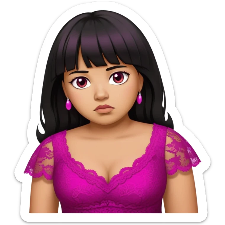 Latina girl with bangs long black layered hair plus size fuschia lace dress disappointed  sticker