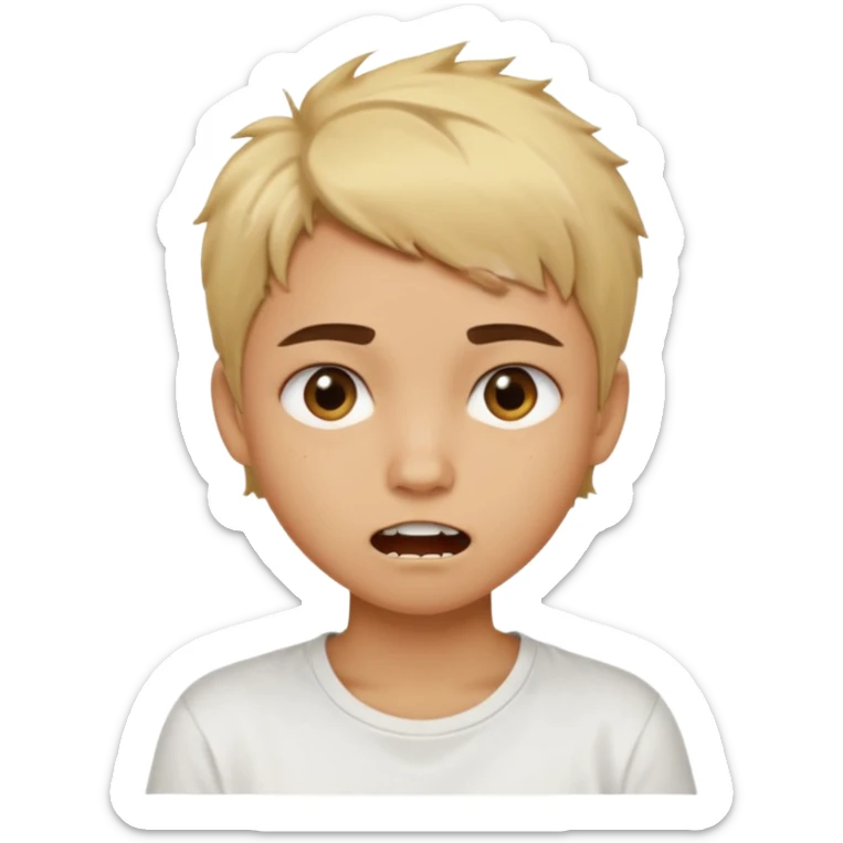 caramel skin color. Teen age. Short buzz, messy blonde hair, dark brown bushy eyebrows large expressive golden-brown eyes, brown skin color, scar over nose, wearing a plain white t-shirt. Mouth expression showing teeth sticker