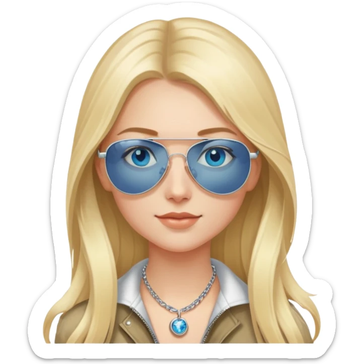 girl with long blond hair, blue eyes and aviator sunglasses wearing a ring on her silver necklace sticker