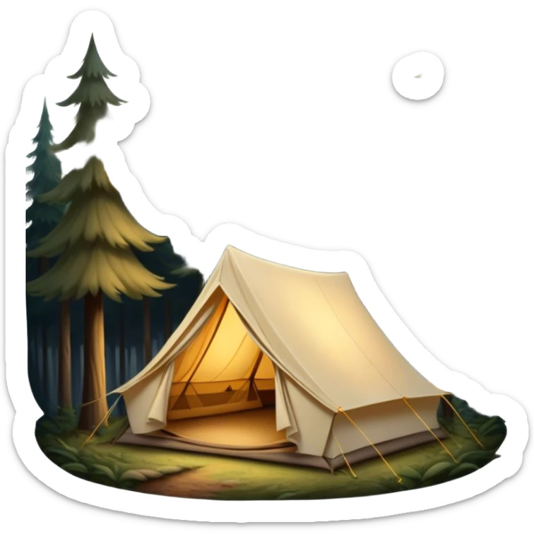 Cinematic Realistic Tent, a sturdy canvas tent nestled among tall trees, warm golden light spilling from inside, gentle folds in the fabric visible, glowing against the cool, dark forest backdrop, evoking a sense of adventure and comfort. sticker