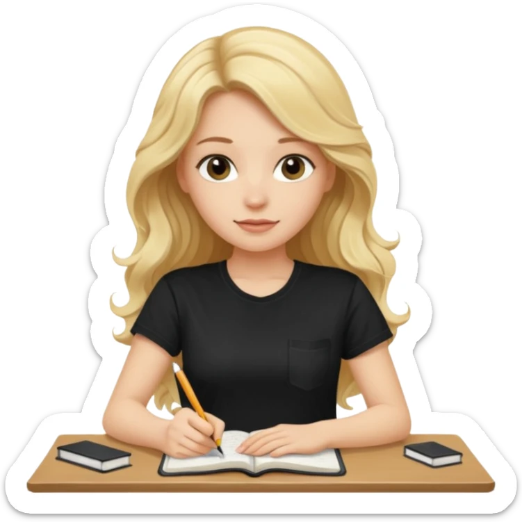 A beautiful blonde with long wavy hair in a black T-shirt sits and writes in a diary with a pen. sticker