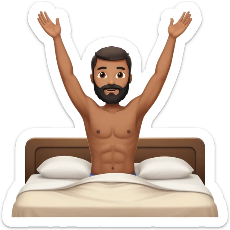 shirtless black beard man waking up out of bed stretching arms with sunshine in the back sticker