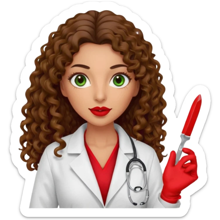 Spanish sexy evil woman. She has green eyes.  had brown long curly hair.  evil surgeon kills with scalpel wears red sexy doctor coat with red long mouth cover red gloves.  sticker