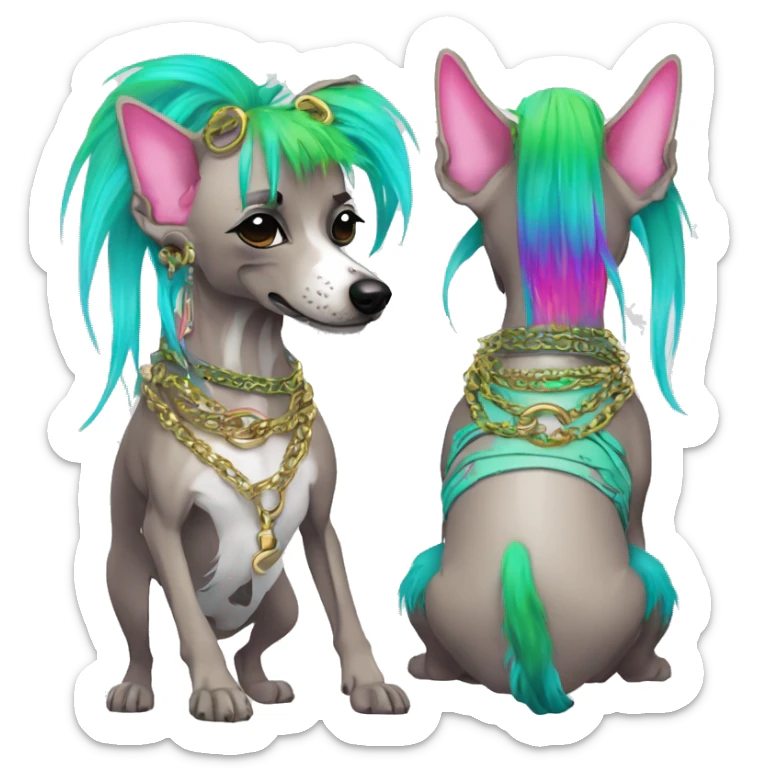 Punk Chinese crested dog neon rainbow cyan green pink hair gold chain punk piercings tattoos punk ear piercings sticker