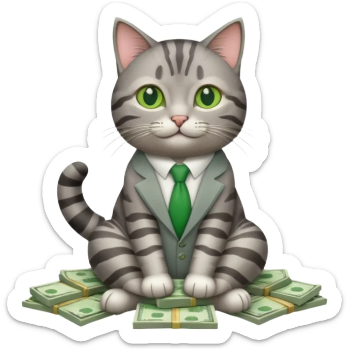 A business cat sitting on a pile of money, looking relaxed sticker