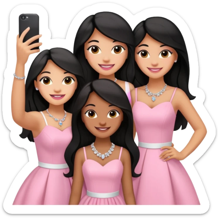 Just 3 besties with professional glammed up looks wearing pink and white, all medium skin tone smiling big with black long hair. Very girly wearing jewelry, taking a selfie  sticker