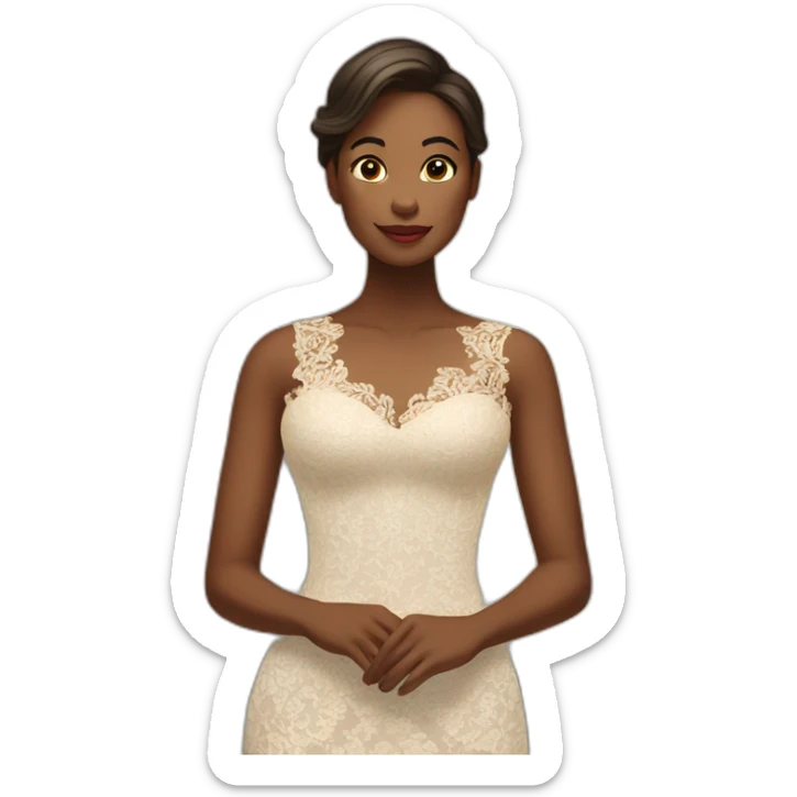 "A woman in a delicate lace dress poses in a luxurious, softly lit room." sticker