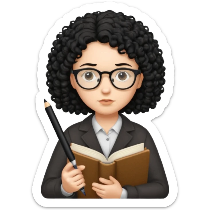writer holding pen in hand and closed book in other hand, with black curly hair and wearing glasses sticker