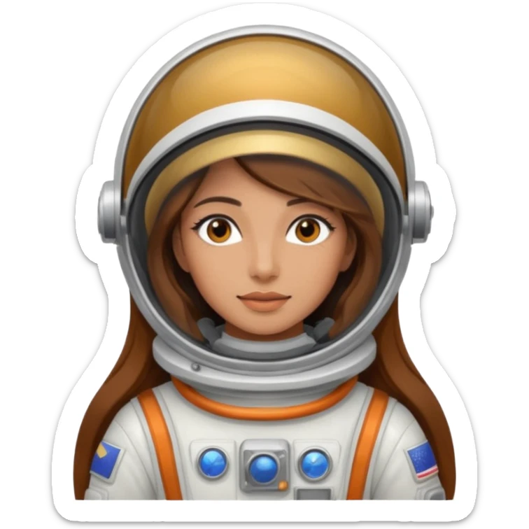 woman with long brown hair and brown eyes.  space ship captain with white military hat sticker