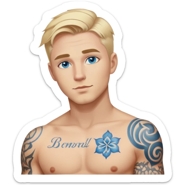 Handsome blonde hair and blue eyes military white guy with body tattoos sexy pose sfw sticker