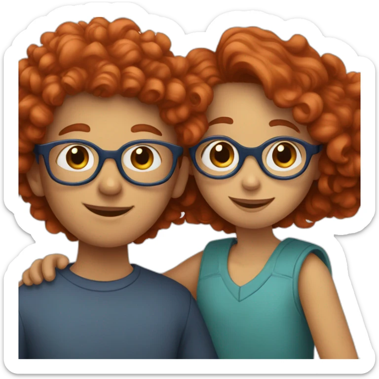a girl with red curly hair and blue glasses hugging a boy with gray hair sticker