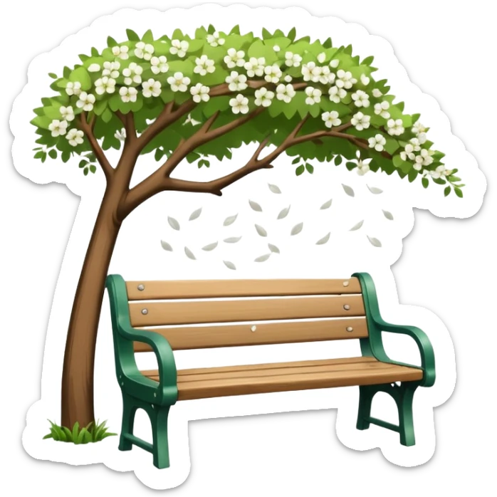 a park bench with white blossom falling  sticker