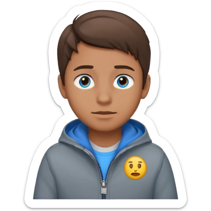 Fais-moi un garçon avec la peau bronzée les yeux bleus qui portent une veste grise avec les cheveux marrons version emoji sticker