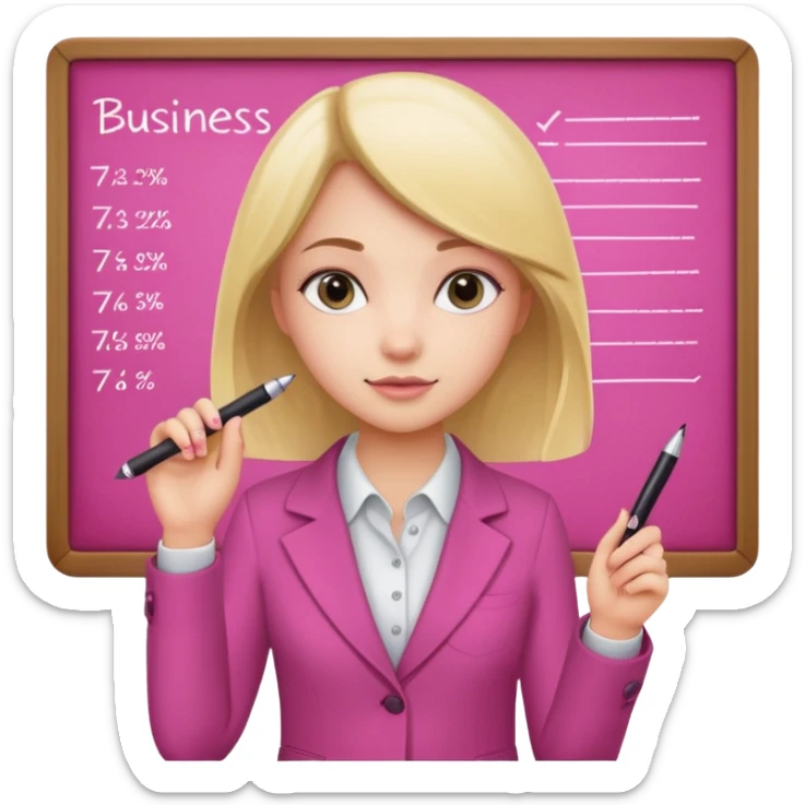 pink board with a girl writing on it and on the board there are graphs and a title "Businss sticker