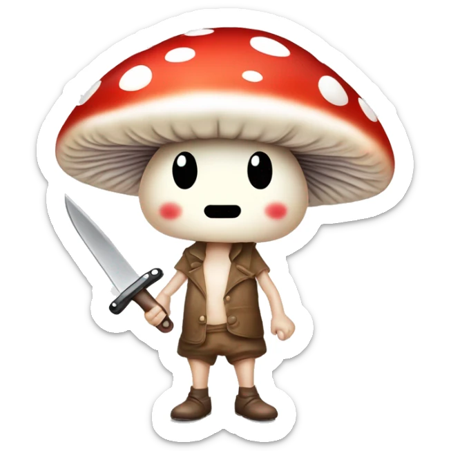 cute mushroom person holding knife and he’s really small and red and white spots with a cute smiley face  sticker