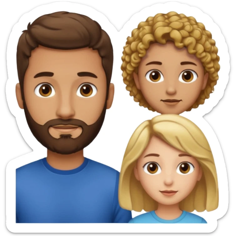 Gars cheveux bruns courts et barbe très courte, un gars avec cheveux bruns courts et barbe très courte, 1 fille cheveux bruns longs frisés, 1 fille cheveux longs blonds plats sticker