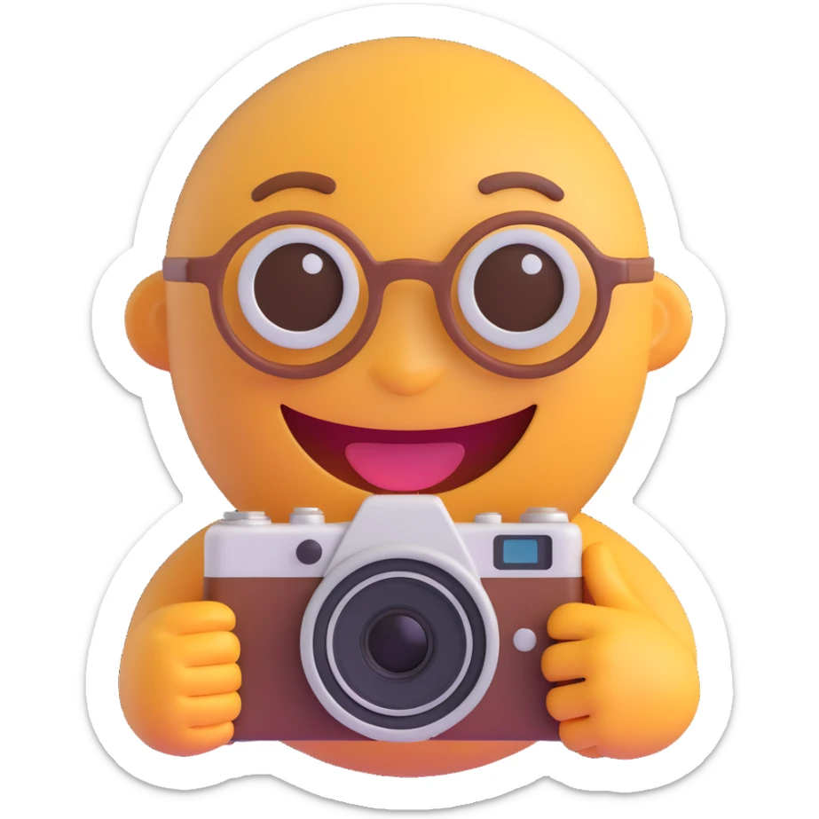 3D smiley emoji, round shape, grandfather with an old camera, brown color, smiling face sticker