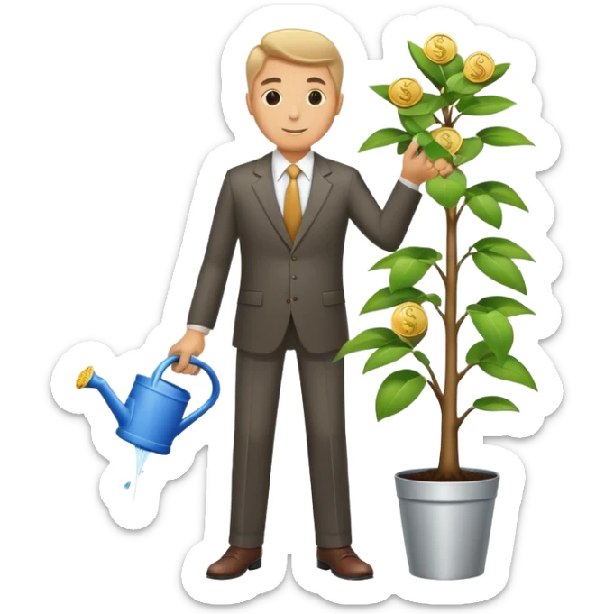 Businessman in suit watering a money tree with growing coins and dollar signs sticker