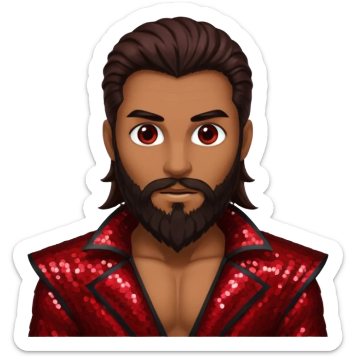 Samael, Venom of God from Gods and Goddesses with tan skin, long dark brown and beard, dark red sequin outfit sticker