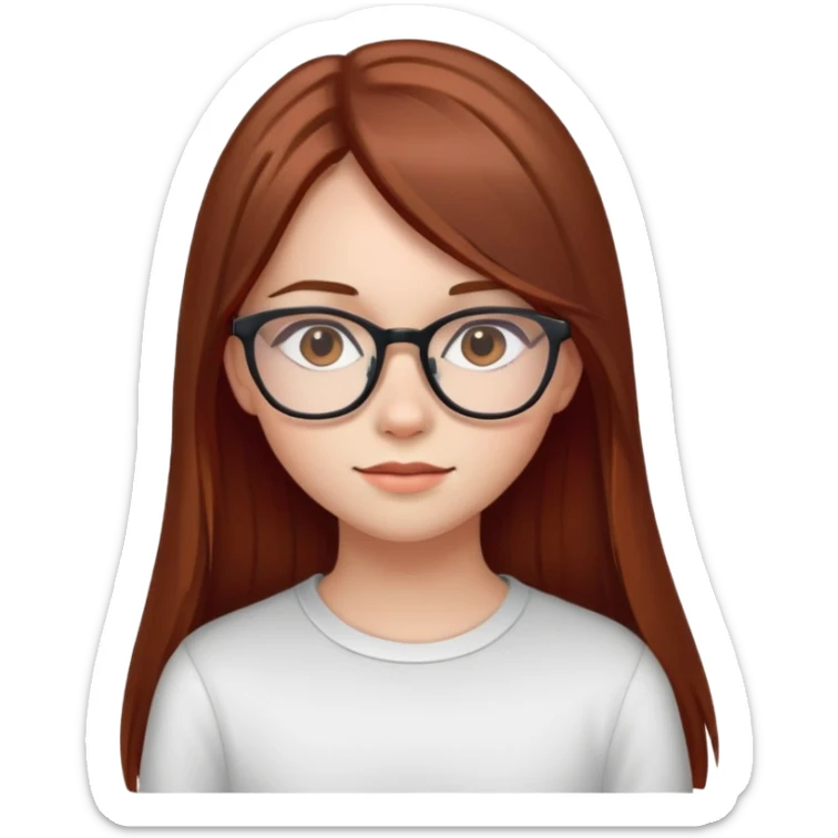 A teen girl with glasses and long brown straight hair with a bit red on the ends sticker