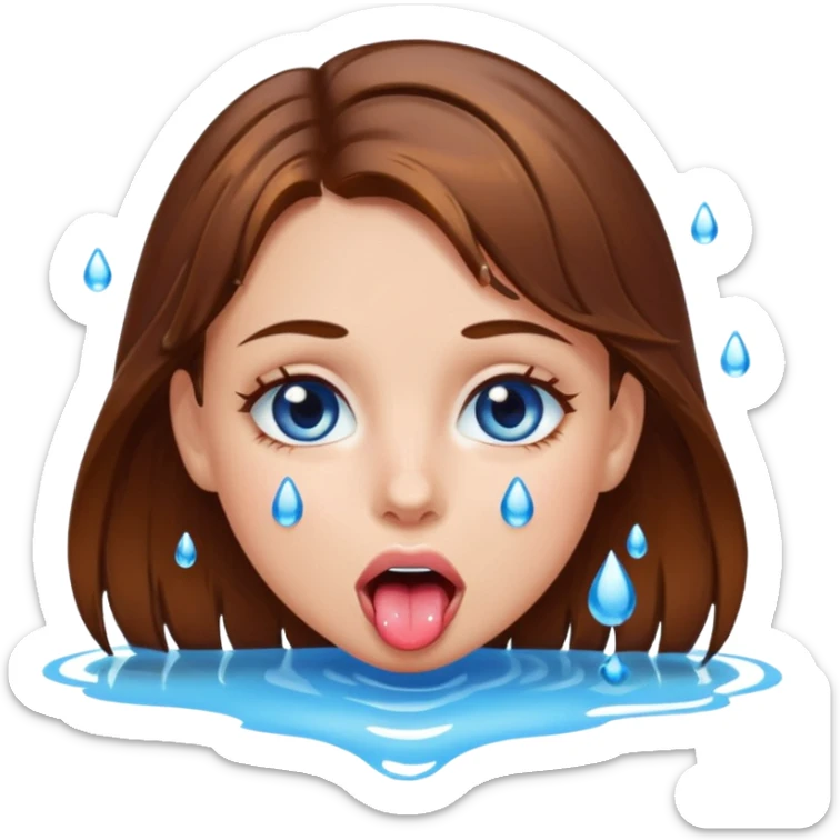 Girl with brown hair, blue eyes, a wet face and her tongue out. Can you make her face more wet? Can you add clear water droplets on her face and tongue? sticker