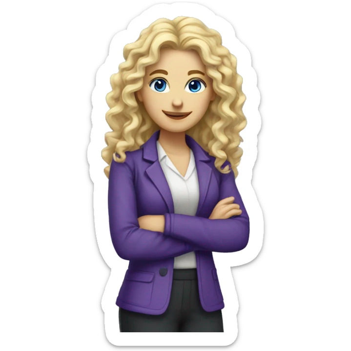 Woman teacher, blonde long curly hair,  blue eyes, purple jacket, with book sticker