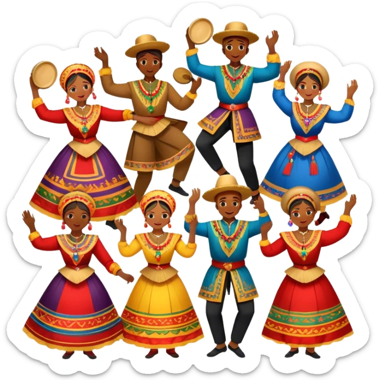 Icon for Folk Dance: a group of men and women performing a national dance in vibrant traditional costumes, with some holding castanets and tambourines. The icon should capture the festive and cultural energy of folk dance. Transparent background. sticker
