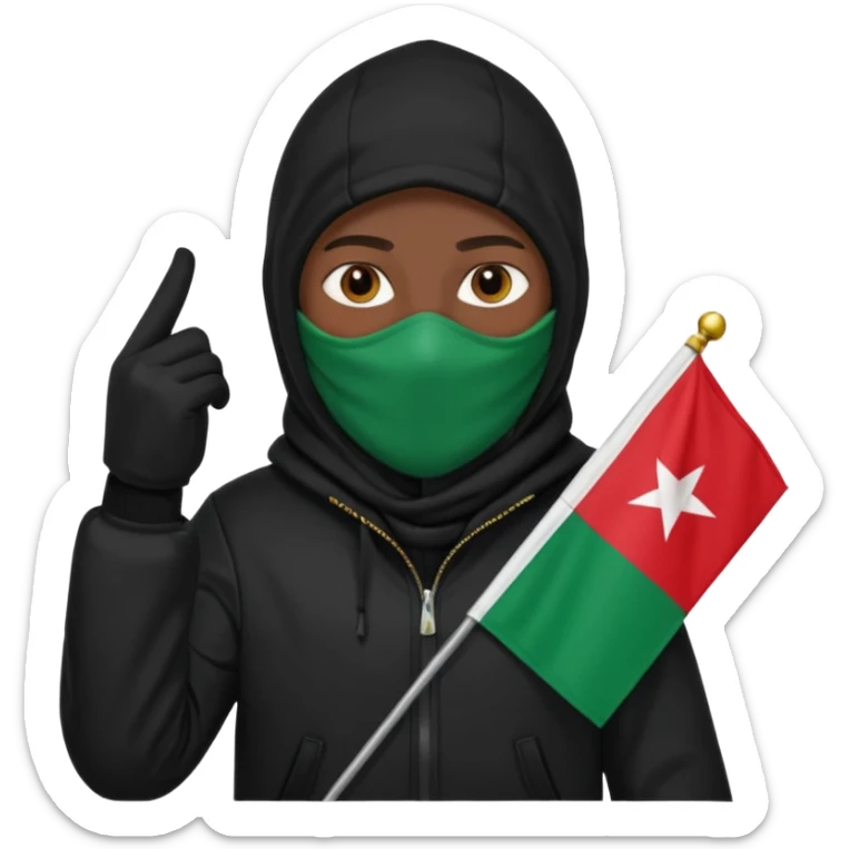 fait une personne habiller tout en noir avec une veste et une capuche et une cagoule qui tient un drapeua d'algerie dans sa main droite sticker