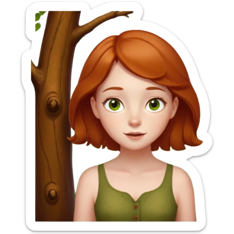 Petit sapin vert sylvestre, féminin, regard malicieux, tâches de rousseurs délicates, joues roses. Yeux de biche brillants en forme amande, yeux couleur ambre, tronc couleur acajou. Sapin en mouvement, incurvé pour un effet vivant. sticker