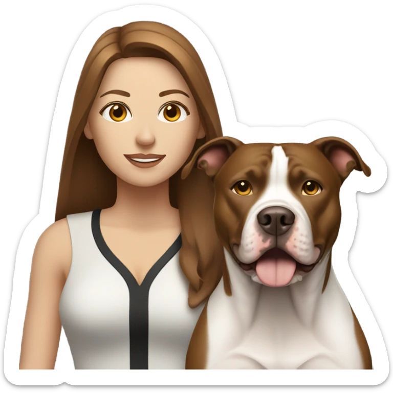 white woman with straight long brown hair standing alongside a white pitbull sticker