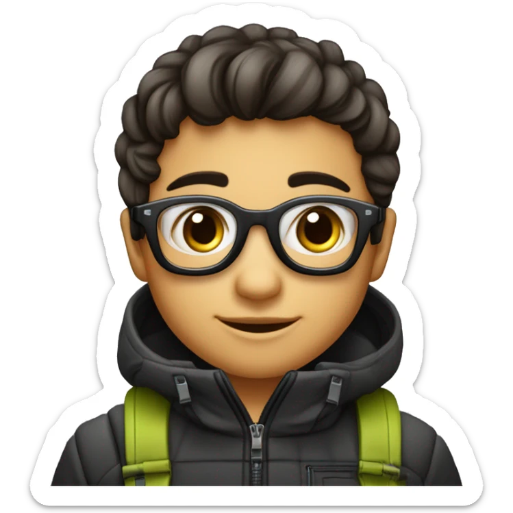 Niño 6 años corte pelo roquero largo por debajo de los hombros y degradado en los lados en un lado dos rayas y flequillo recto. Con gafas de ski y ojos negros sticker