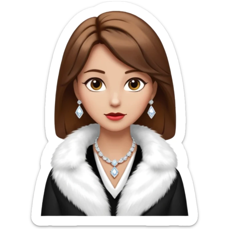 * Character: A stylish lady,brown hair
* ﻿﻿Clothing: A luxurious white fur coat
* ﻿﻿Accessories: A dazzling diamond necklace
* ﻿﻿Expression: Confident, elegant, maybe slightly glamorous
* ﻿﻿Pose: Head slightly tilted or a poised posture
* ﻿﻿Style: Emoji-like, simple but expressive sticker
