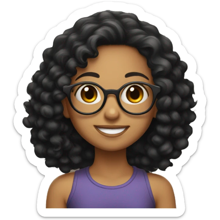 girl with black curly hair, round glasses and a big smile sticker
