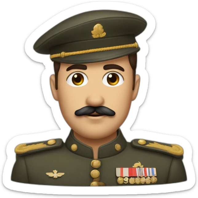 cheveux bruns coiffés en arrière, une petite moustache, des yeux sombres et un visage plutôt anguleux. Il portait souvent l'uniforme militaire caractéristique de la 2nd guerre mondiale sticker