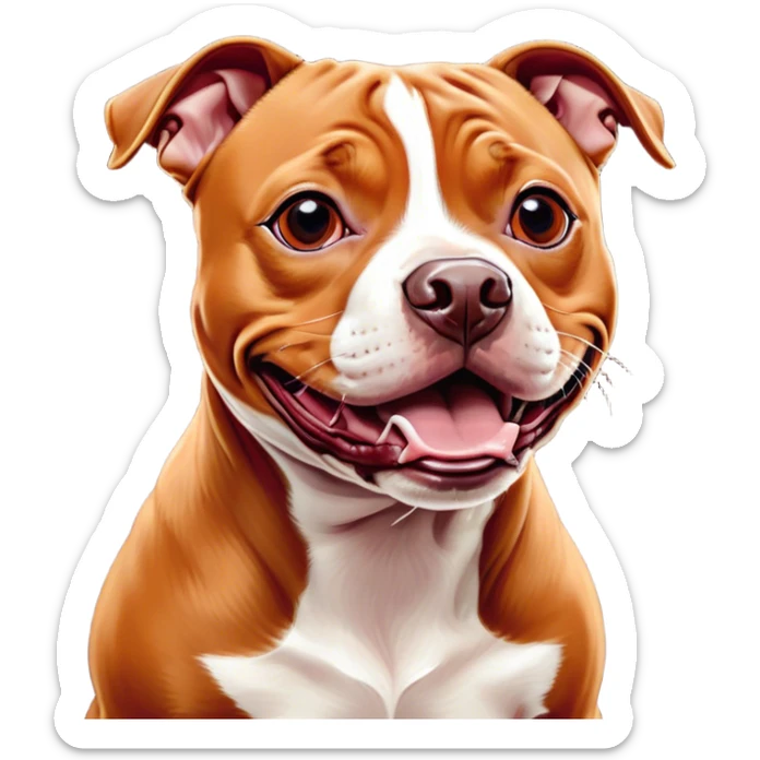 Cinematic Comical Red/Fawn Staffordshire Bull Terrier Portrait Emoji, Head tilted dramatically with an exaggeratedly amused expression, featuring a striking red/fawn Fur with bold white accents, wide, expressive dark eyes filled with playful disbelief, Simplified yet hilariously expressive features, highly detailed, glowing with a slightly sassy glow, high shine, dramatic yet playful, stylized with an air of cheeky mischief, bright and endearing, soft glowing outline, capturing the essence of a spirited and over-the-top guardian, so meme-worthy it feels like it could side-eye its way into internet fame instantly! sticker