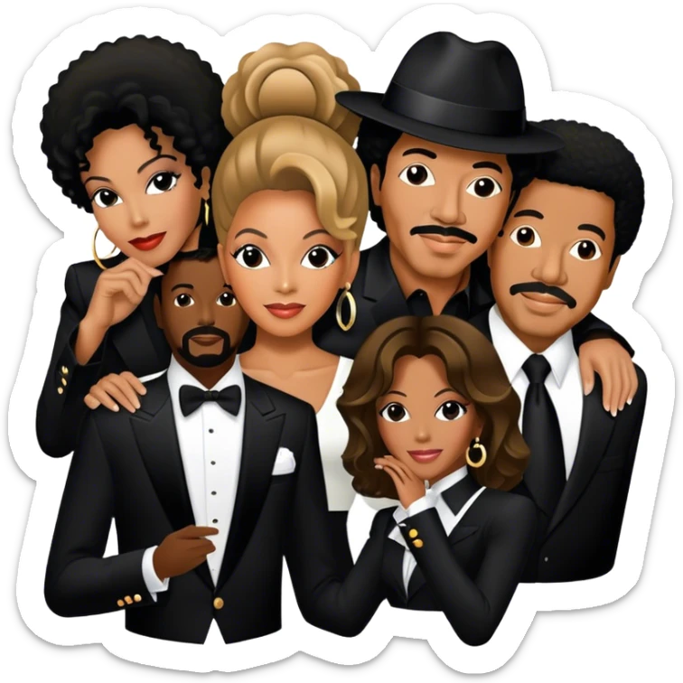 Icon for R&B Music: collage of iconic R&B artists—Michael Jackson, Beyoncé, Lionel Richie, Whitney Houston, and Barry White. Each artist represented by a silhouette or symbolic item (like a glove, microphone, or fedora). Transparent background. sticker