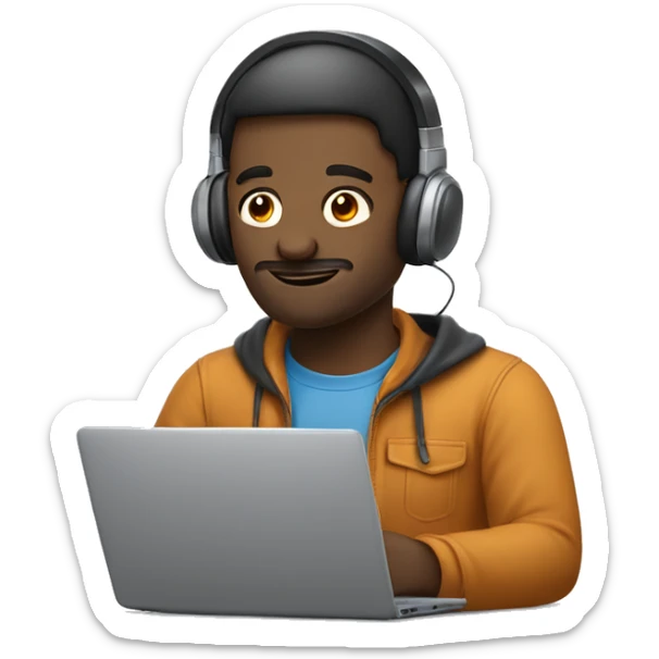 man in headphones talking hold laptop and phone only upper part of body  sticker